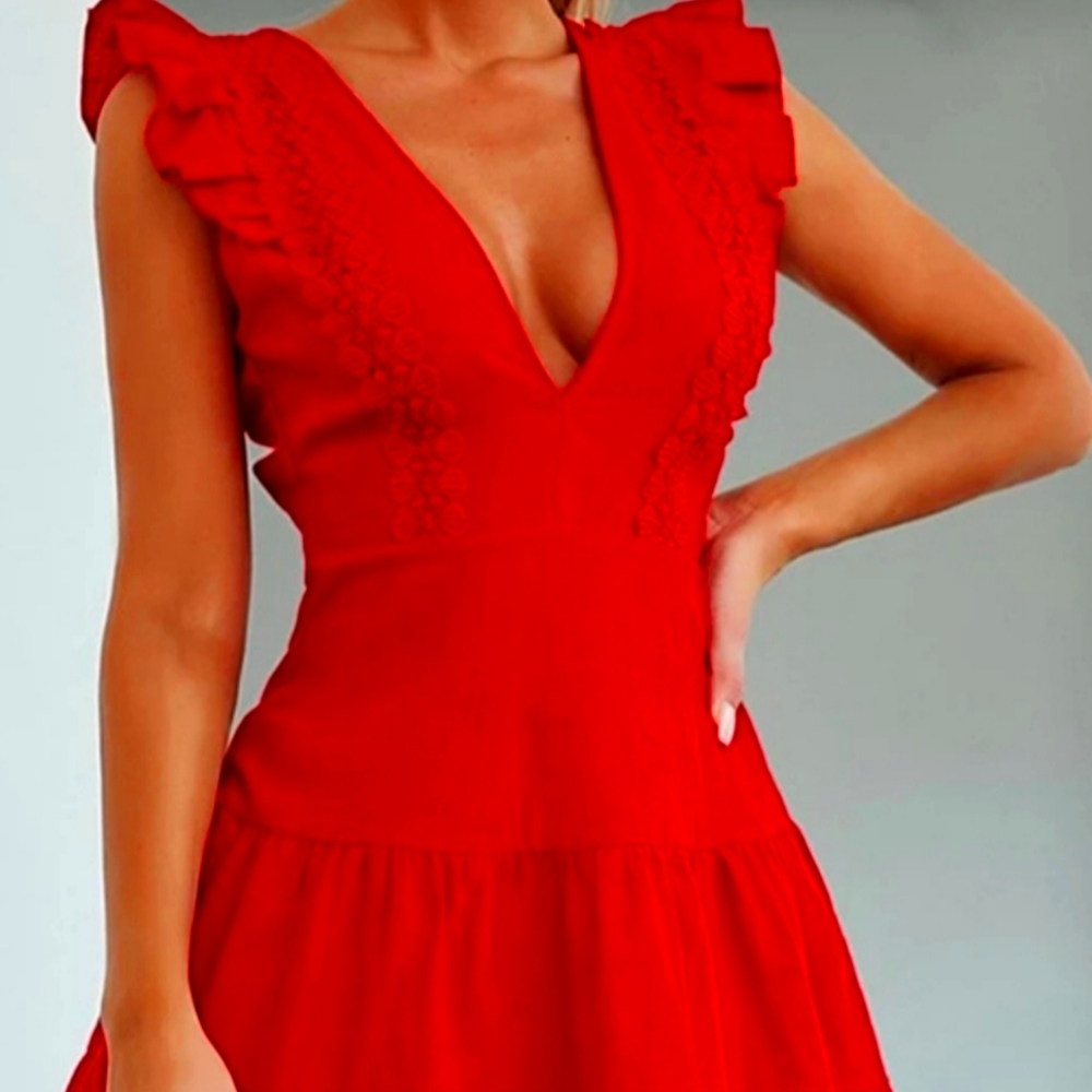 Shein | Med. | Red Butterfly Sleeve Lace Trim Ruffle Dress